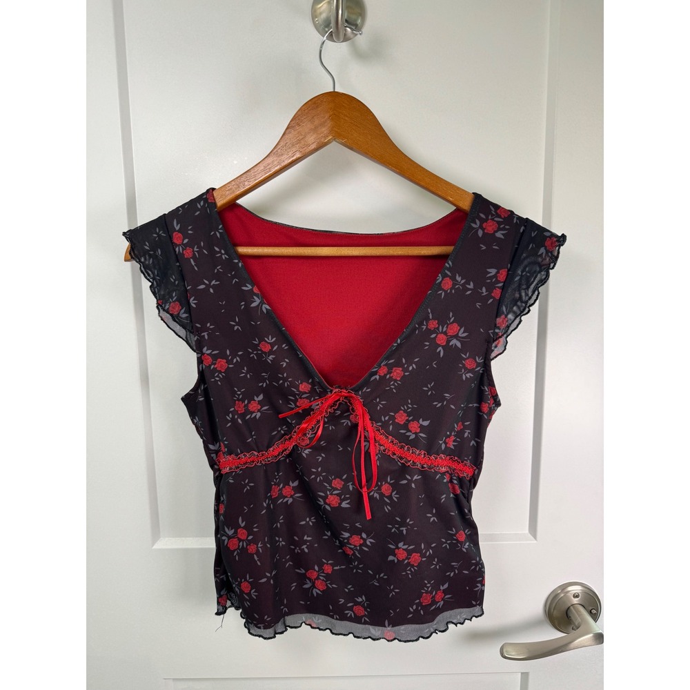 Romwe Floral Mesh Overlay Cap Sleeve Babydoll Top Red Black Y2K Lettuce Edge S